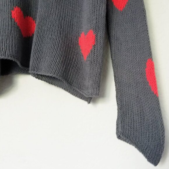 Wooden Ships Besotted Hearts V Neck Sweater Pullover Knitted Gray Red Size XS/S - Picture 10 of 16